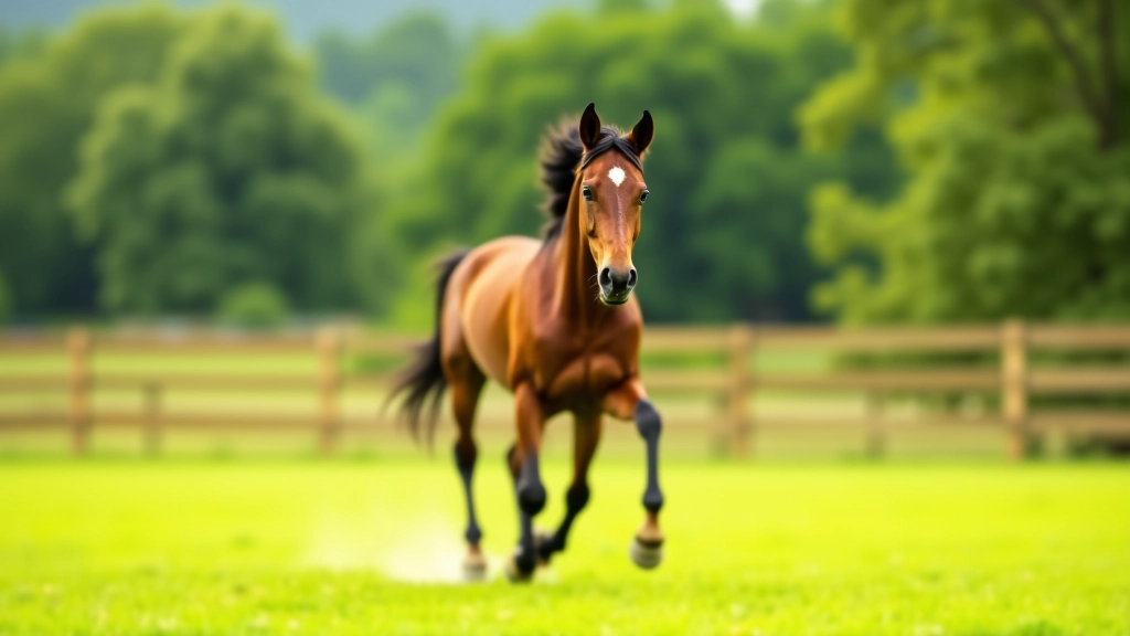 خيل بني يركض بسرعة في حقل مفتوح أخضر مع سياج خشبي آمن