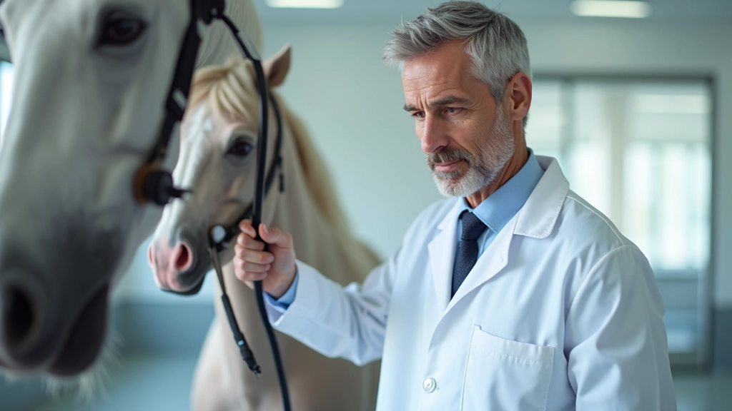 فحص طبي دقيق لخيل من قبل طبيب بيطري متخصص باستخدام معدات متقدمة